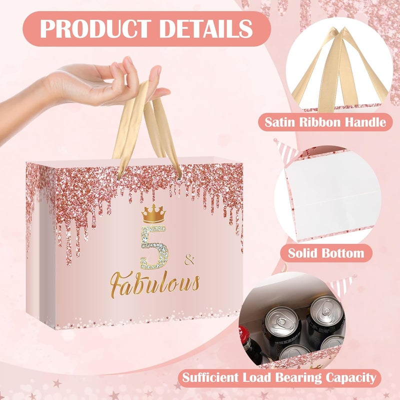 Yoirrat Rose Gold 5 & Fabulous 5th Birthday Gift Bag for Girls Large Pink Happy 5th Birthday Gift Bag with Wrapping Paper and Card for 5th Bday Decorations Party Supplies - Image 4